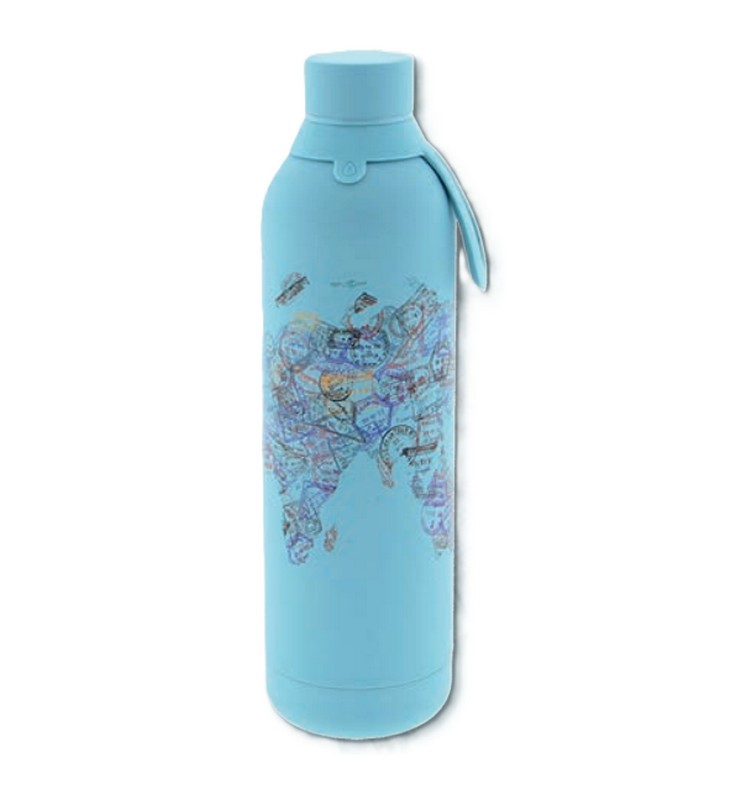 Borraccia termica azzurra decorata con francobolli del mondo in acciaio inox doppia parete da 750 ml